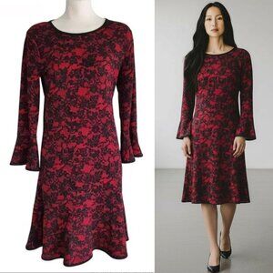 MICHAEL by Michael Kors Lace Print Bell-Sleeve Dress Dark Romantic Size S